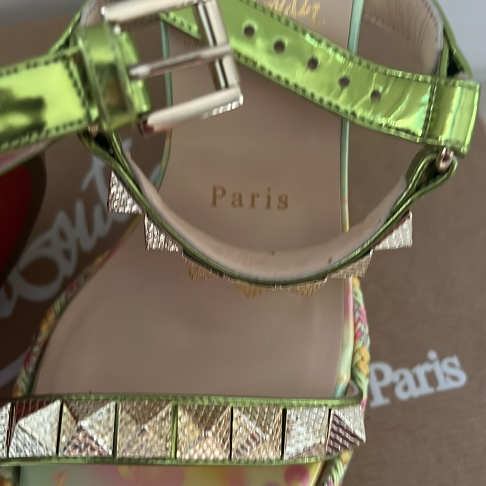 New Christian Louboutin Green Wedge Sandals Studded Italy Size 37 AUTHENTIC - Picture 10 of 11